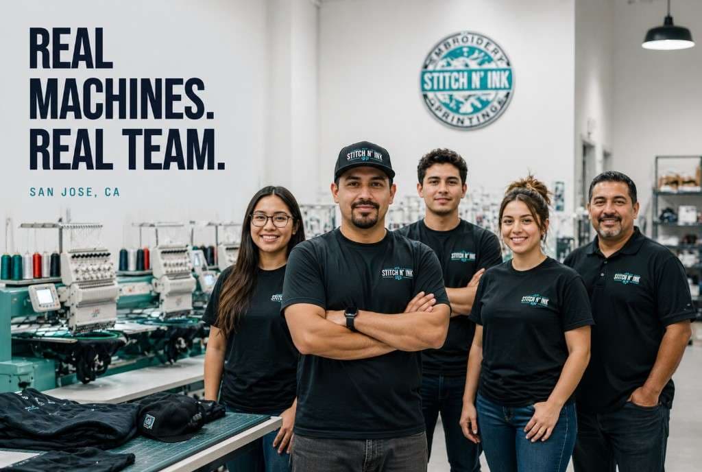 Stitch N' Ink production team operating screen printing and embroidery equipment in San Jose