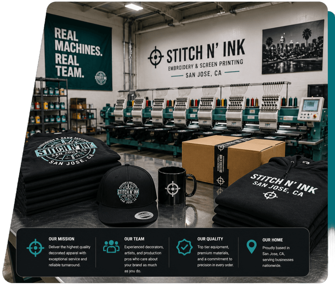 Stitch N' Ink production floor with embroidery machines and branded apparel samples